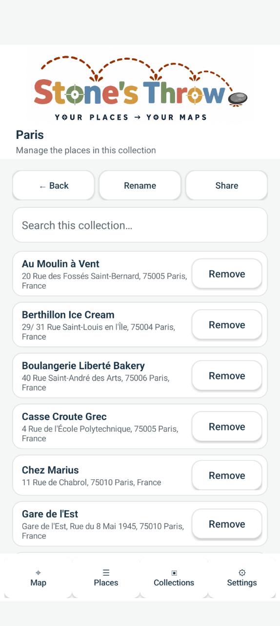 Collection management screen in Stone’s Throw