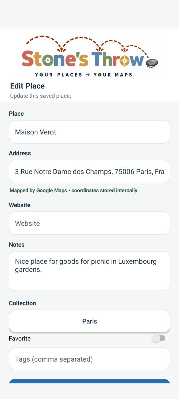 Edit Place screen in Stone’s Throw