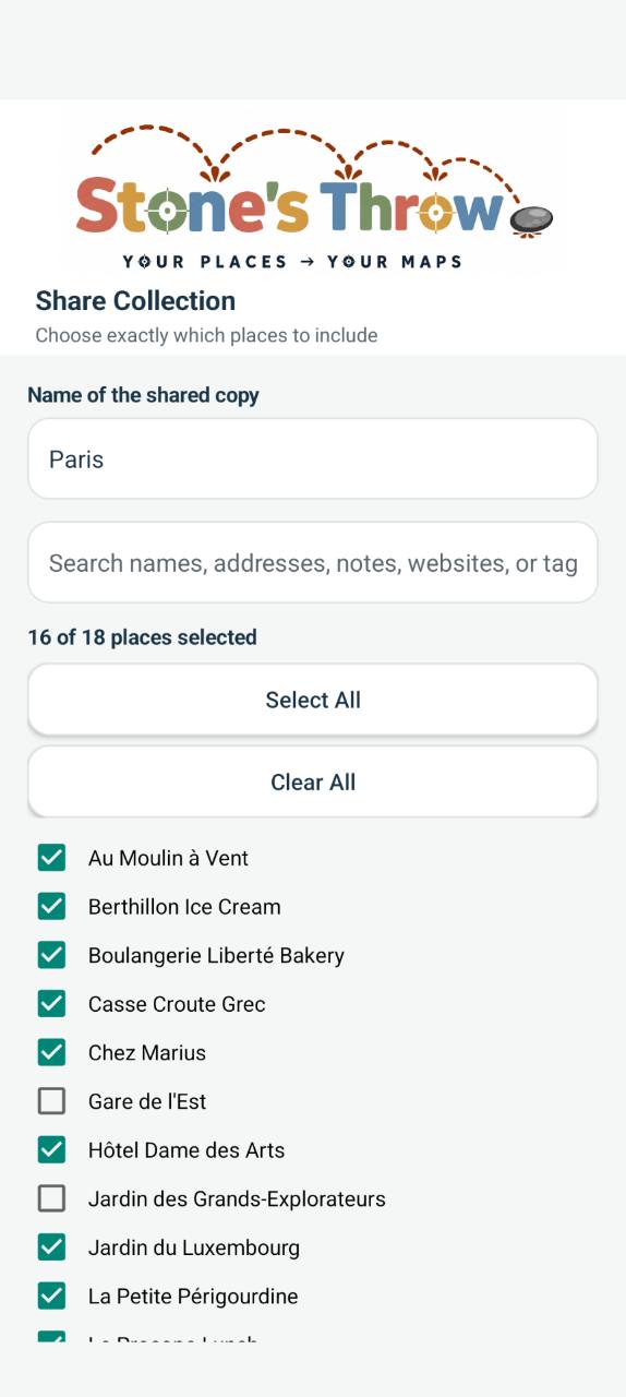 Share Collection screen in Stone’s Throw